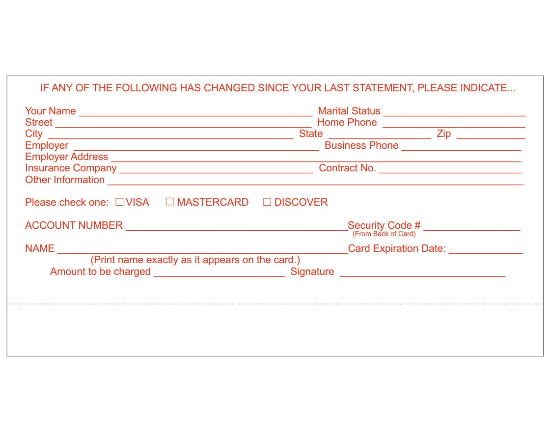 Credit card information form with red text on a white background