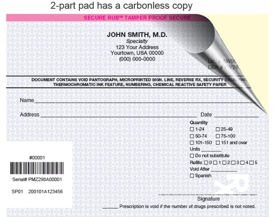 Prescription pad with carbonless copy feature and security features.