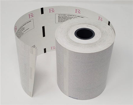 Roll of thermal paper with 'Rx' labels on a white background