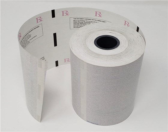 Roll of thermal paper with 'Rx' labels on a white background