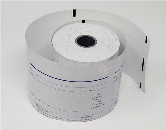 Roll of thermal paper with printed text on a white background