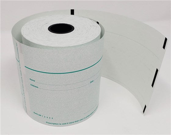 Roll of thermal paper with label design on a white background