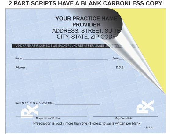 Two-part prescription form with a carbonless copy on a yellow background