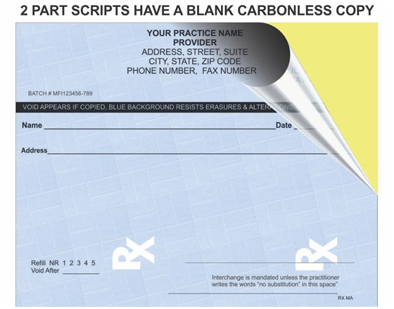 Two-part prescription form with carbonless copy section on a yellow background