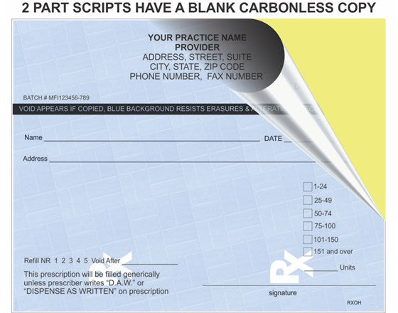 Prescription form with a blank carbonless copy section on a blue background