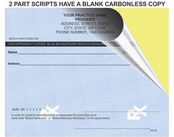 Prescription pad with two-part script design, showing a carbonless copy on a yellow background.