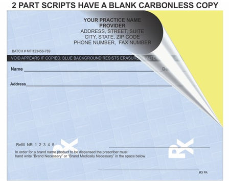 Prescription pad with two-part script design, showing a carbonless copy on a yellow background.