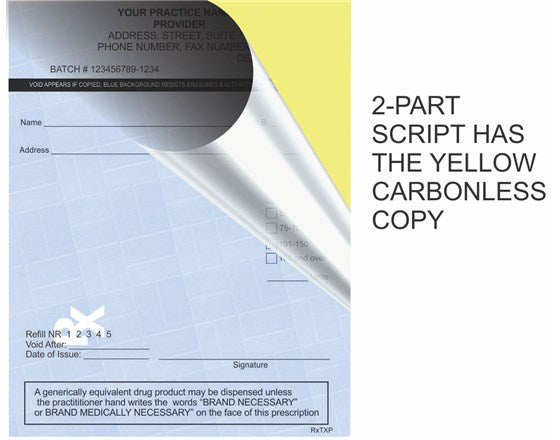 Two-part prescription form with yellow carbonless copy on a white background