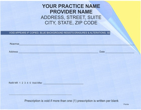 Prescription pad with fields for practice name, provider name, address, and other details on a blue background.