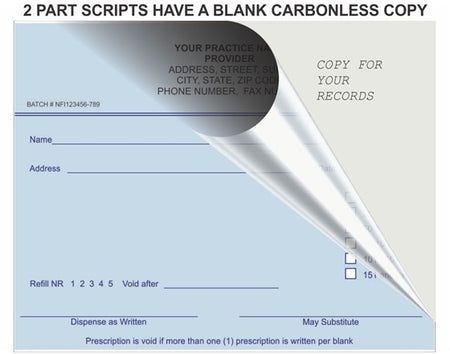 Prescription form with carbonless copy section on a white background