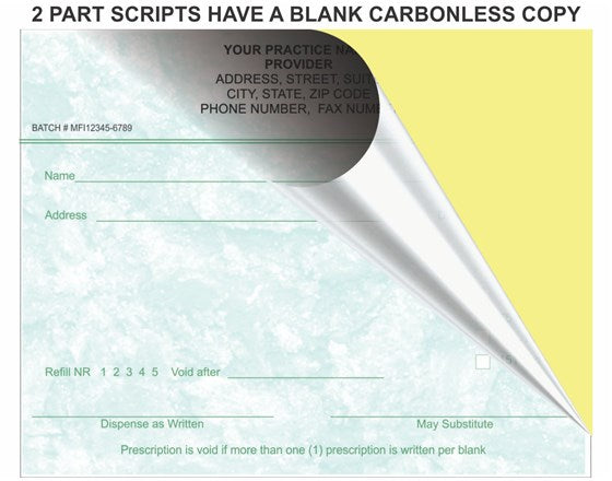 Prescription form with carbonless copy section on a yellow background