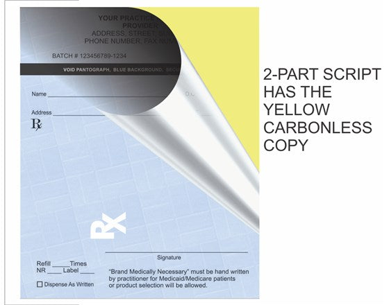 Prescription pad with yellow carbonless copy on a white background