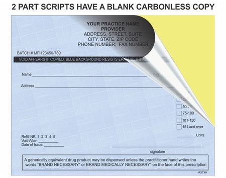 Two-part prescription form with carbonless copy on a blue and yellow background