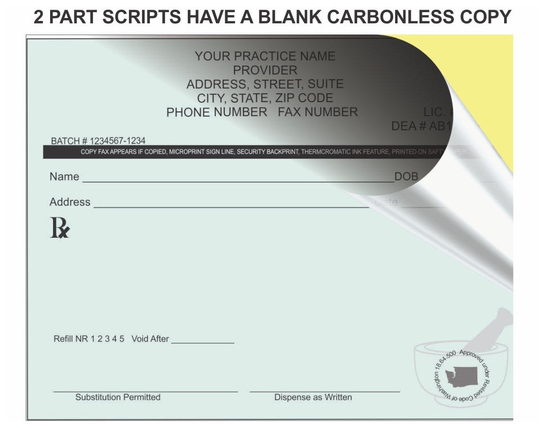 Two-part script with a blank carbonless copy section on a light green background.