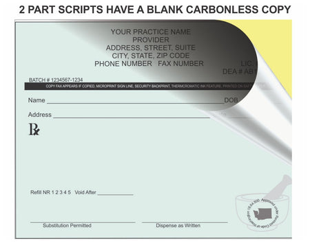 Two-part script with a blank carbonless copy section on a light green background.